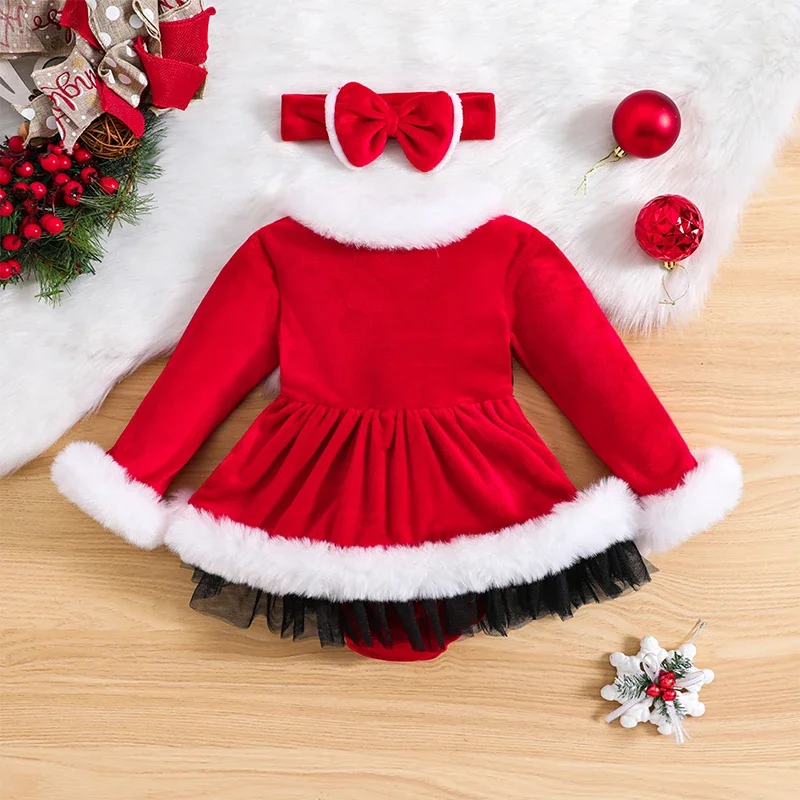 Baby Girls 2Pcs Christmas Dresses Outfits Velvet Santa Claus Red Princess Tutu Dress Puff Shoulder Dress Headband Xmas Costume