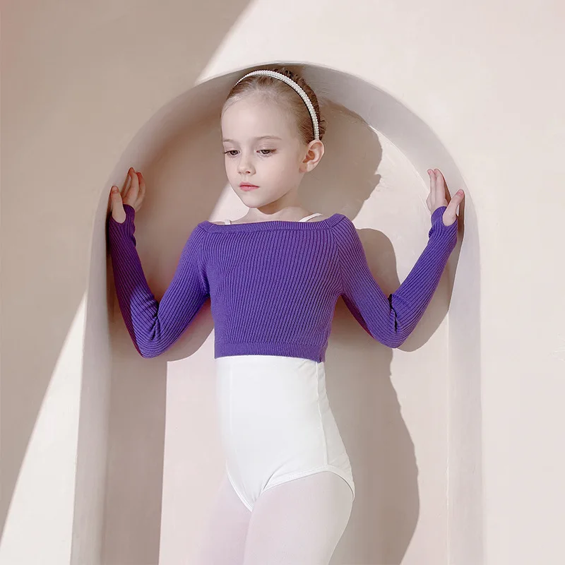 Girls Long Sleeve Dance Sweater Soft Ballet Warm Up Pullover for Leotards Korea Children Crop Sport Thumb Hole Shirt Gymnastic