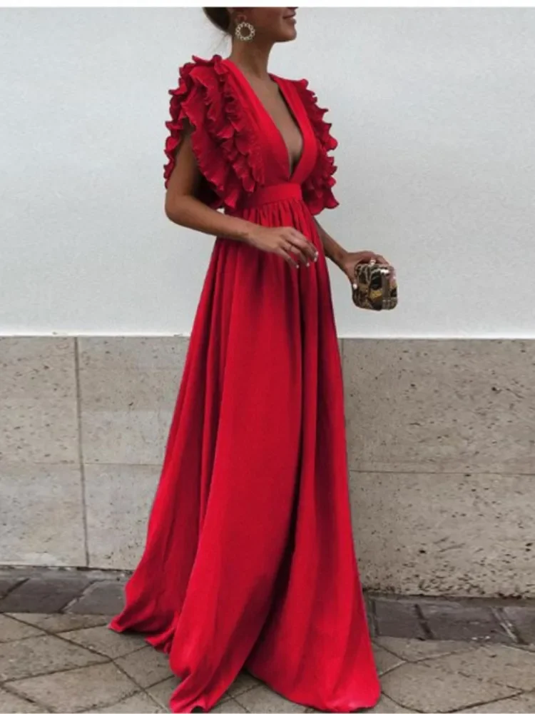 

Sexy Deep V-neck Backless Dress Women Fashion Flying Sleeve High Waist Big Swing Red Dresses Elegant Evening Party Dress Robe