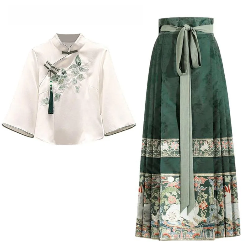 

New Chinese Style Large Size Tailed Skirt Set Women's Small Size Elegant National Style Reformed Hanfu Top Half Skirt T...