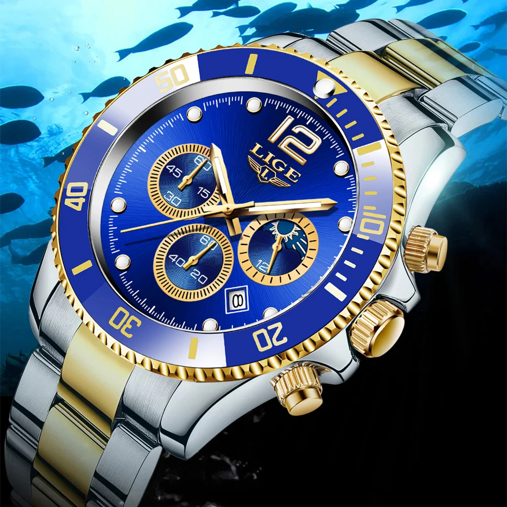 

LIGE Fashion Luxury Quartz Men's Watches Waterproof 24H Moon Phase Big Dial Man Watch Business Stainless Steel Band Rotate Clock