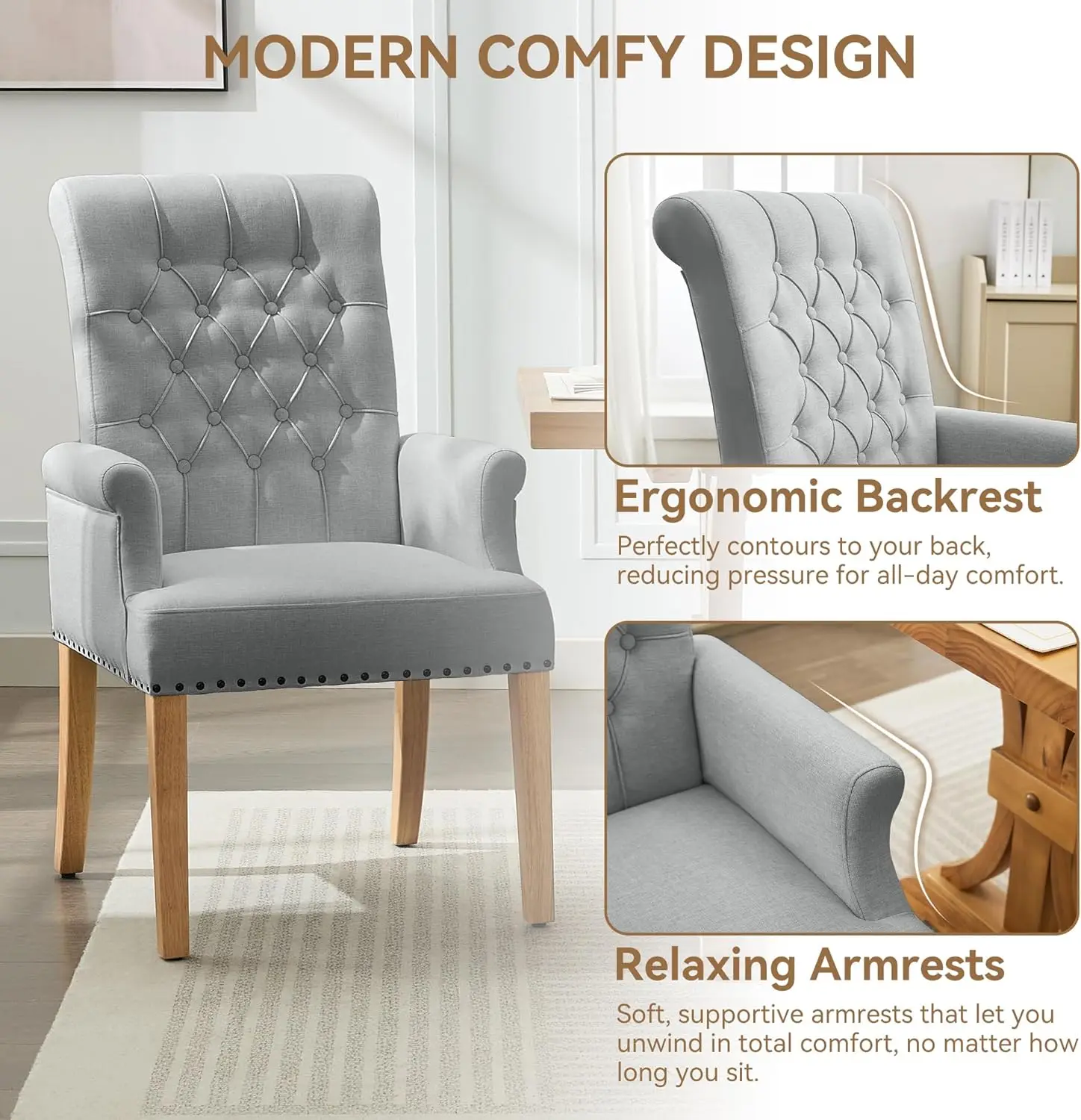 Sedia da pranzo imbottita grigio chiaro con braccioli, schienale alto capitonnè, gambe in legno massello, finiture per unghie – Accento cucina e soggiorno A
