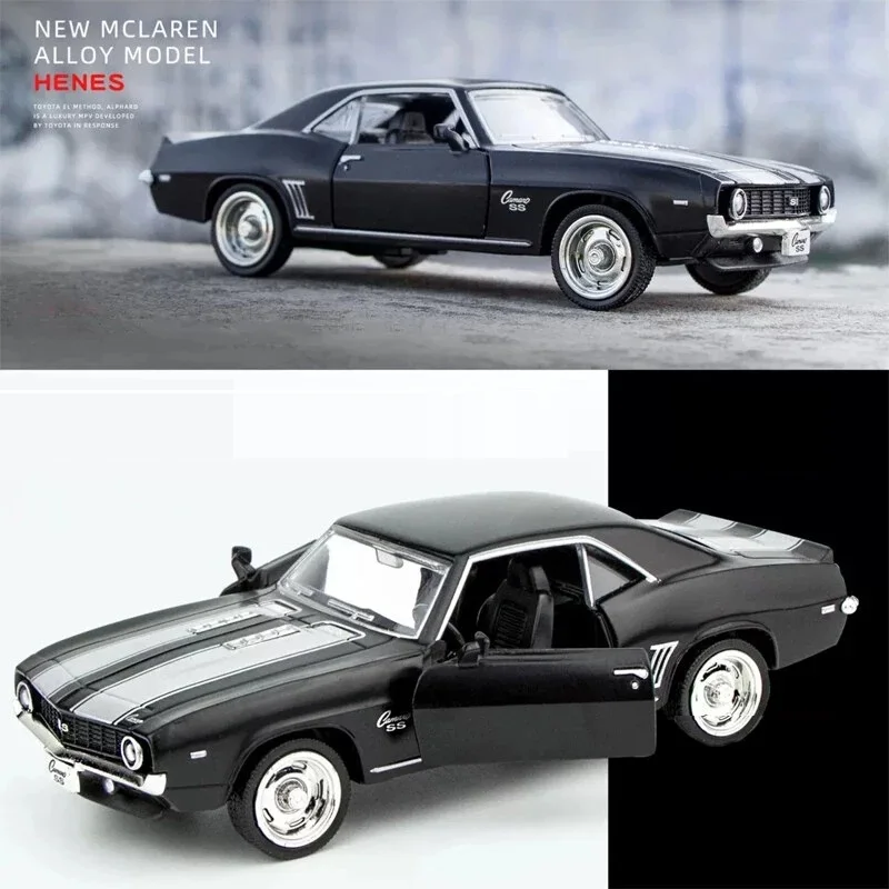 Chevrolet Camaro SS 1969 Supercar Simulazione Diecast e Veicolo giocattolo Tirare indietro Porte aperte RMZ città 1:36 Collezione in lega Modello di auto