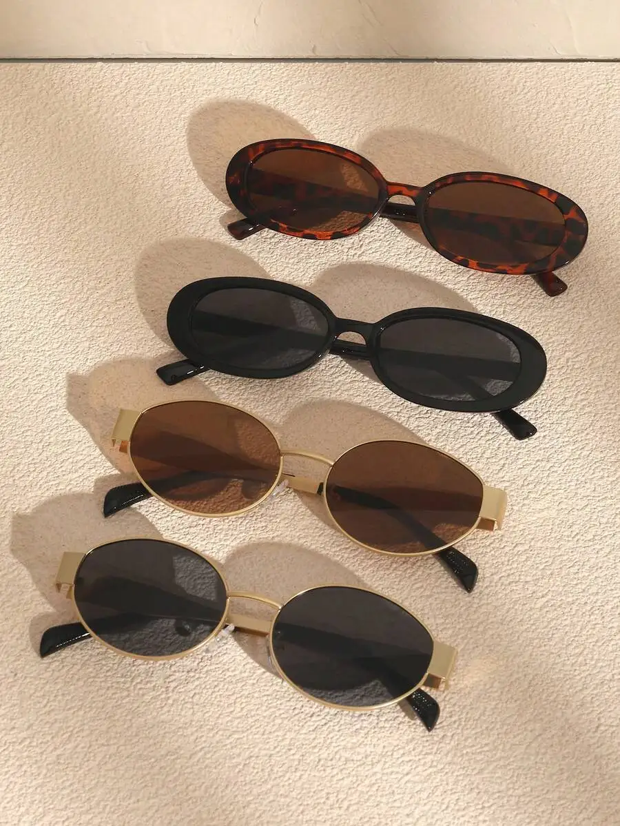 

Vintage Oval Fashion Sunglasses 4-Piece Set Women Plastic Metal Frame For Parties Beach Travel
