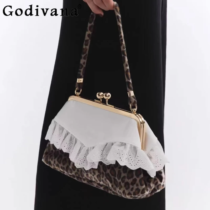 

2026 New Lady Japanese Style Elegant Handheld Lace Edge Shoulder Clasp Bag Women's Leopard Underarm Bag Tote Handbags