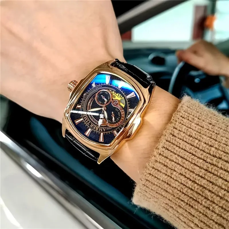 ساعة فاكس التجارية الجديدة للرجال، قرص على شكل برميل مع وظيفة التقويم، ساعة كوارتز بحزام جلدي للطلاب الذكور، عصرية، كاجوال، متعددة الاستخدامات وسيم - مثالية للحفلات والهدايا العصرية