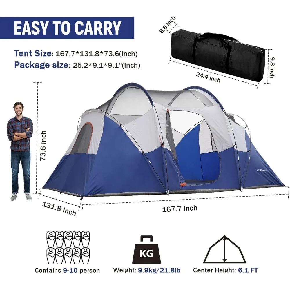 10 Person Camping Tent - Portable Easy Set Up Family Tent for Camp, Windproof Fabric Dome Tent Outdoor