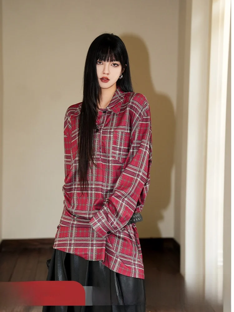 

Ретро-рубашка в клетку свободного кроя для женщин, весна-осень, с завышенной талией, повседневная, из полиэфирного волокна, с длинным рукавом