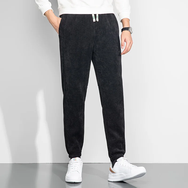 Men's Fleece-Lined Corduroy Casual Pants Easy-care Anti-pilling Fabric Trousers Black Black Gray Elastic Cuffs Adjustable Waist
