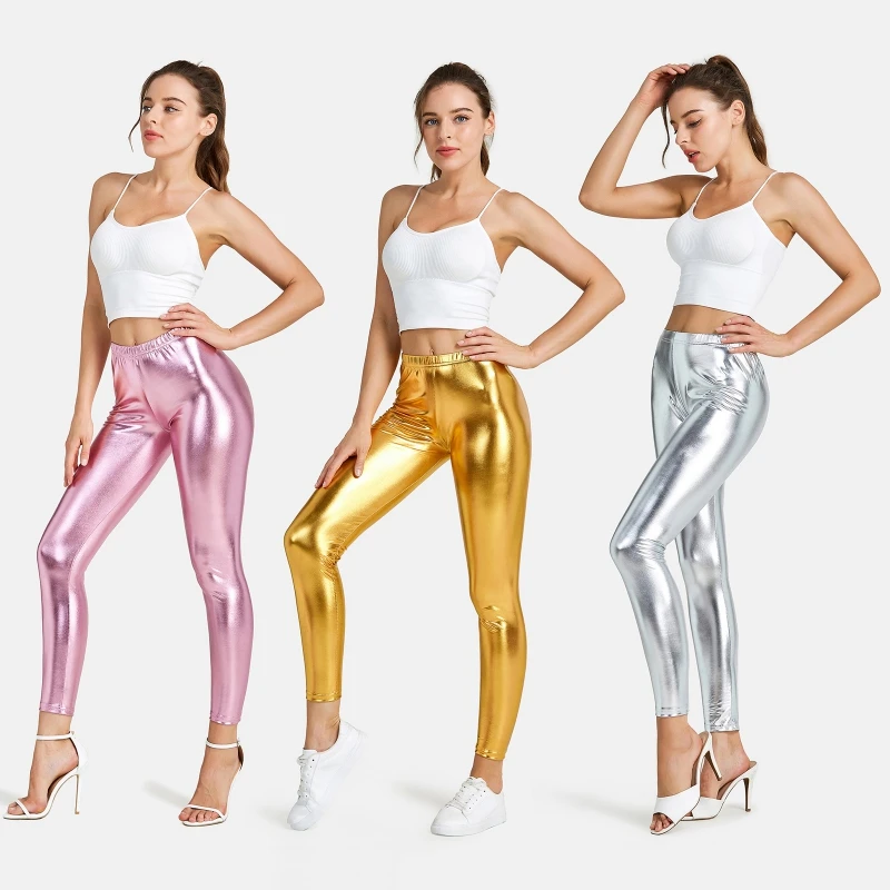 Sexy High Waist Elastic Bronzing Reflective Leggings For Women Solid Color Dance Stage Performance Street Style Party Tights