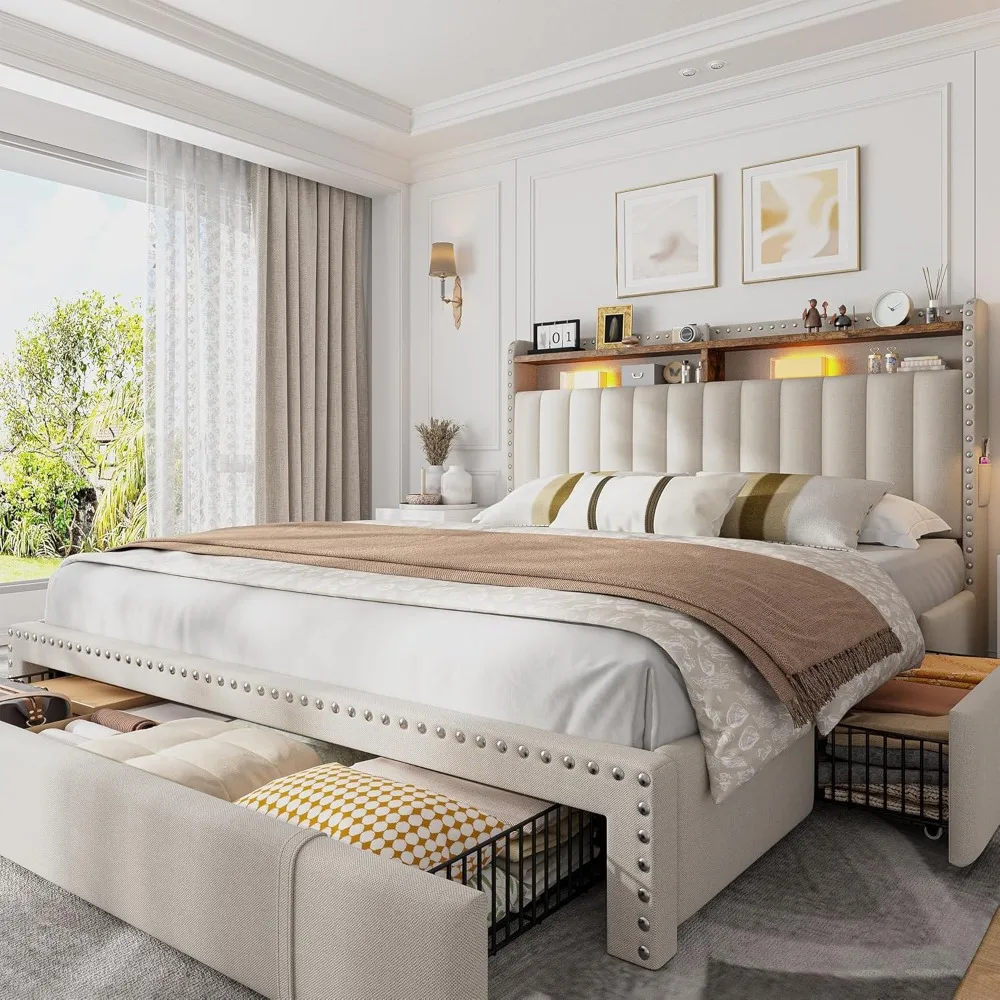 Queen Size Upholstered Bed Frame with Storage Drawers and 2-Level Headboard Storage, Wooden Slat Support Platform Bed