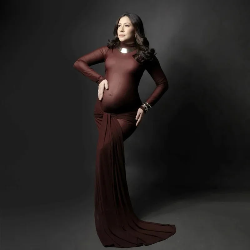 فساتين الأمومة للتصوير الفوتوغرافي برقبة عالية وأكمام طويلة وحزام مرقع عصري عالي المرونة بقصة ضيقة للنساء الحوامل #3