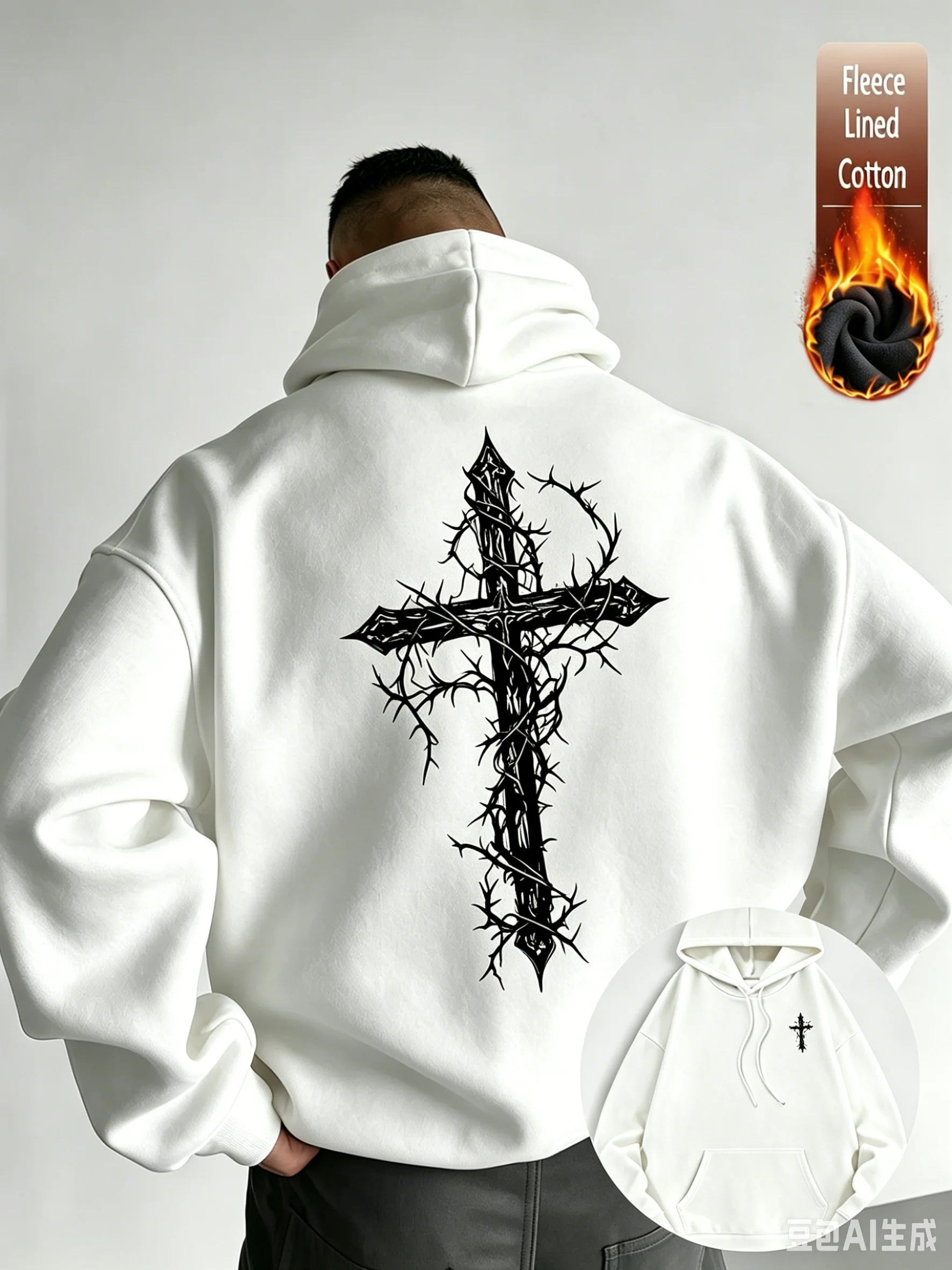 Sweat à capuche croix gothique fil de fer barbelé pour homme, esthétique punk sombre, sweat-shirt graphique, doublure polaire épaisse, streetwear, haut à capuche quotidien pour l'automne