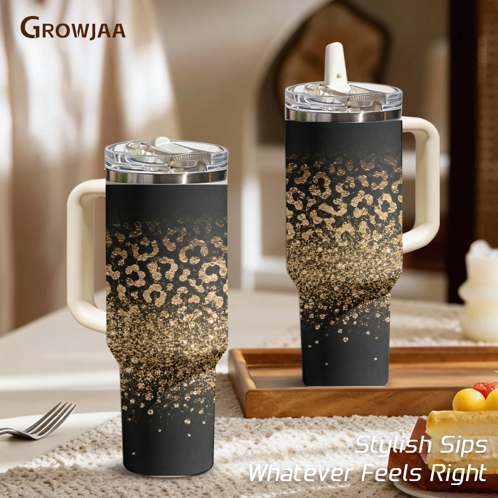 Golden Glitter Leopard Print Vacuum Flasks 40oz 3rd Gen Vacuum Insulated Stainless Steel Car Tumbler Cup with Handle Straw Lid