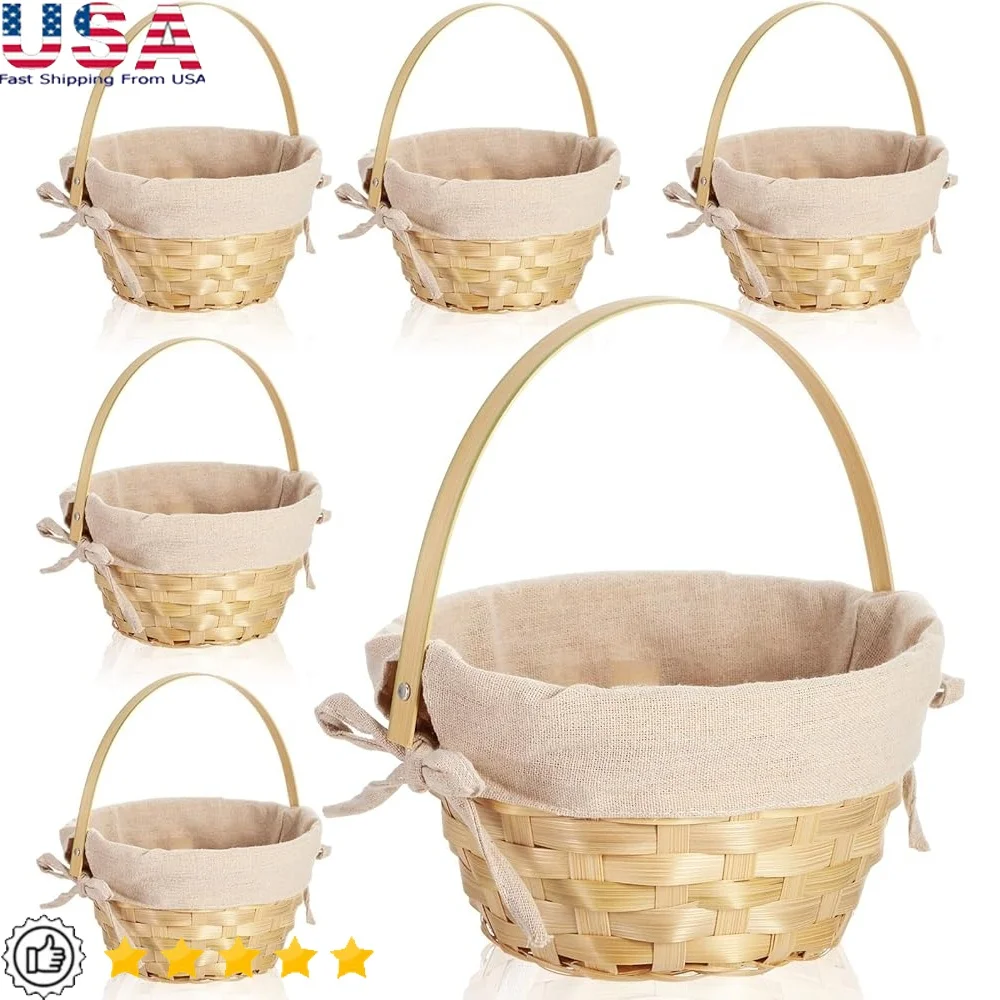

6 Pack Empty Bamboo Baskets Small Round Woven Storage Buckets with Handle Kids Easter Decorations Party Supplies