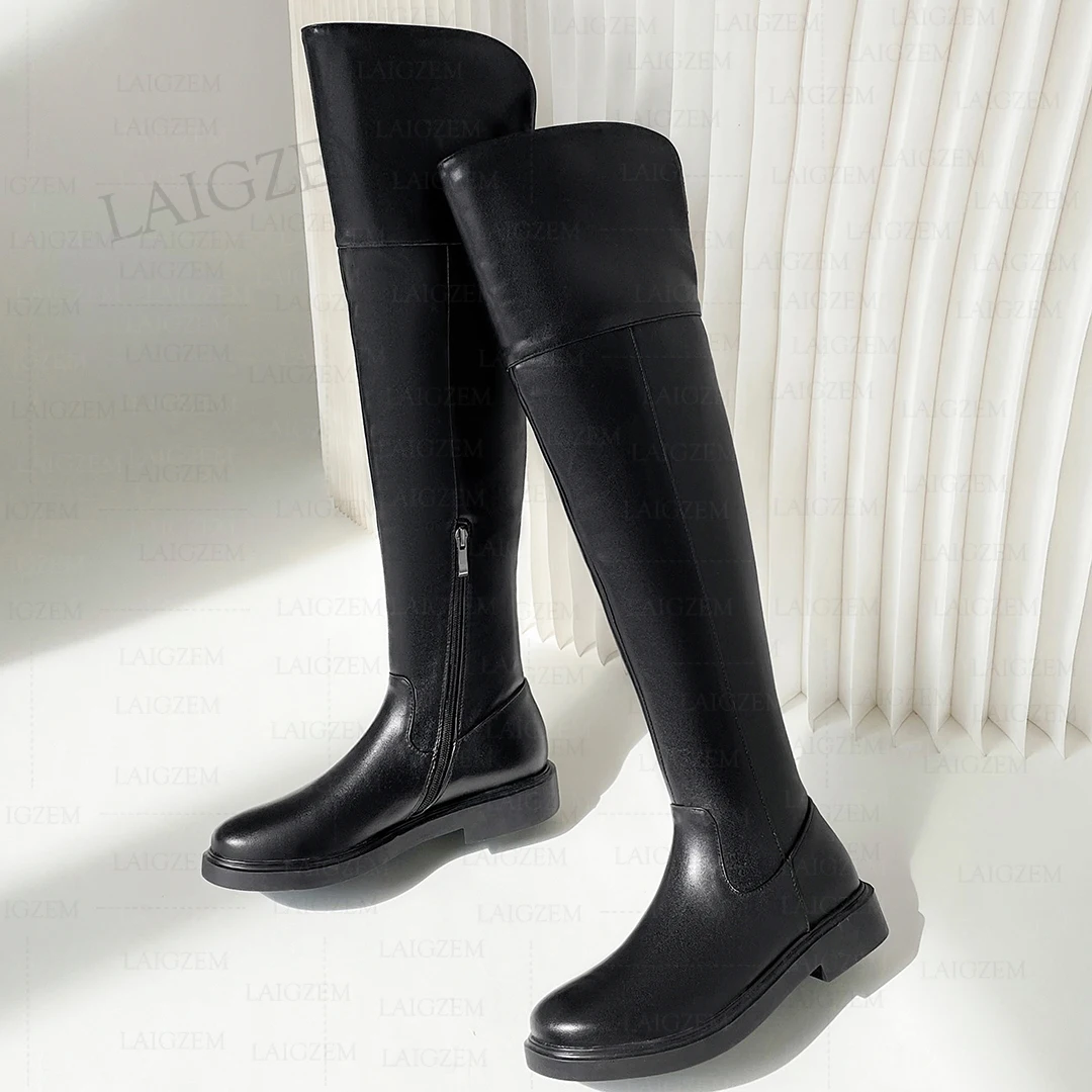 LAIGZEM Women Over Knee High Boots Real Leather + Synsthetic 3CM Low Heels Tall Boots Ladies Shoes Woman Plus Size 37 40 42 43