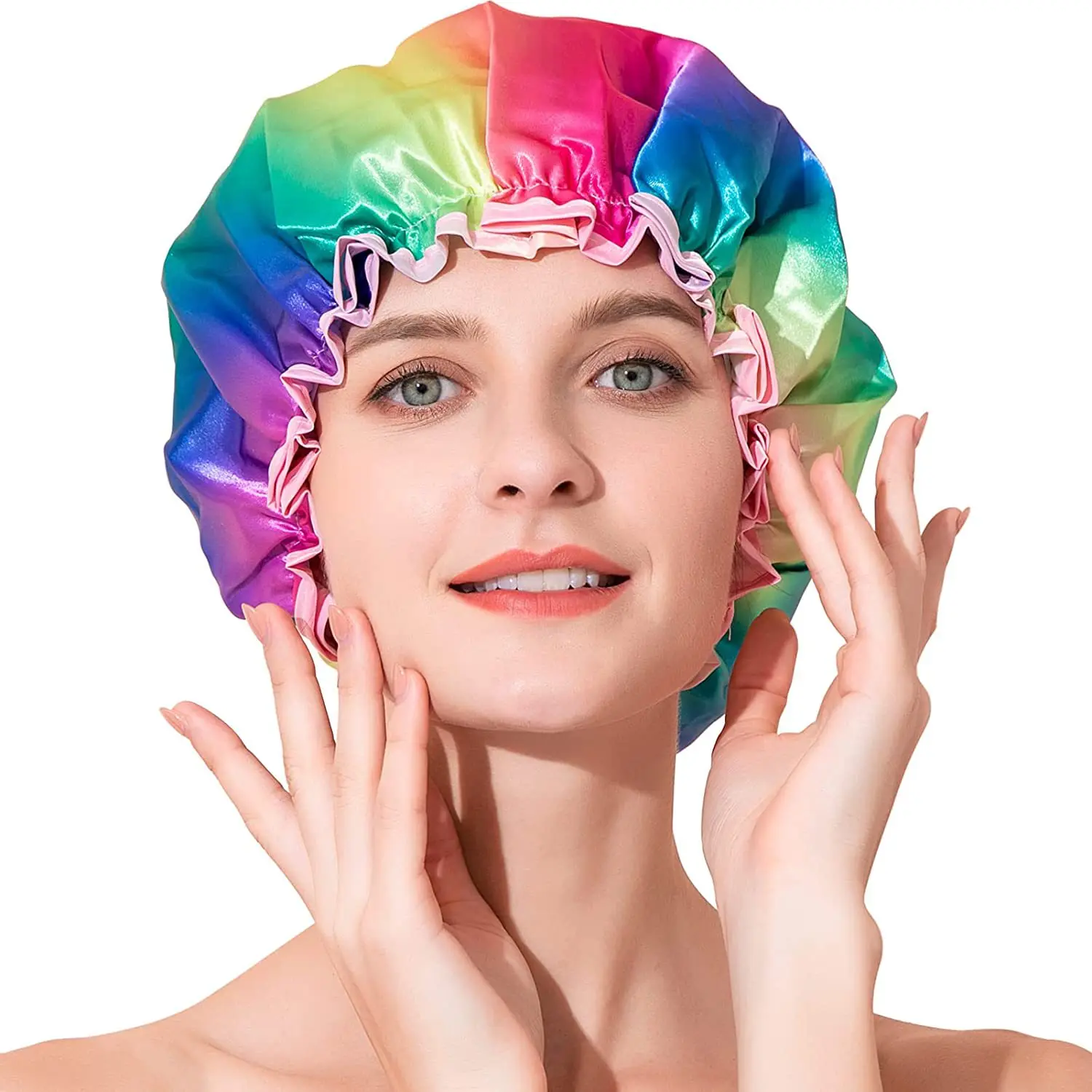 

Double Layer Satin Waterproof Shower Cap for Women Elastic Fit Large Size for Long Hair
