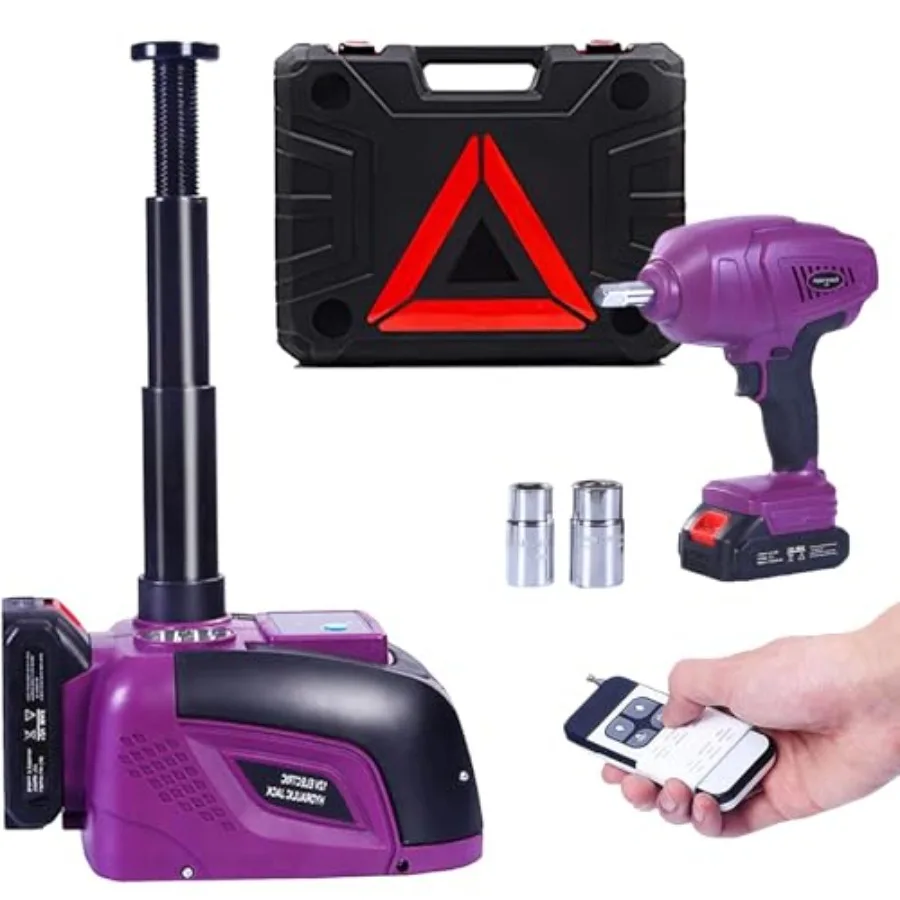 

Cordless Electric Hydraulic Car Jack Kit 5 Ton 12V with Impact Wrench Remote Control for SUV Sedans Tire Change Red LED Light