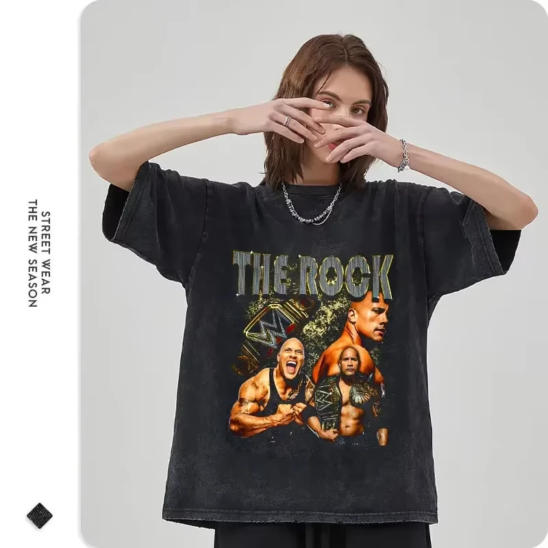 The Rock T Shirt Dwayne Johnson Tops Tees Vintage Washed Short Sleeve Old School Style Oversized T-shirt Streetwear Men Cotton