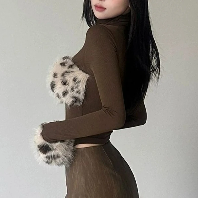 Autumn and Winter Temperament Splicing Leopard Print High Neck Long Sleeved T-shirt Slim Fit Short Style Slimming Bottom Top - Image 3
