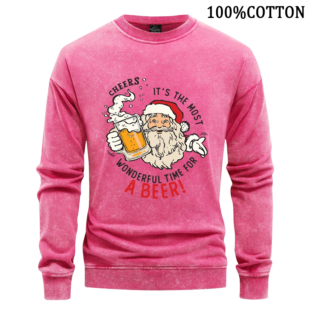 Long Bearded Santa Claus Hands Beer Men's Sweatshirt Retro Washed Sweatshirts Harajuku Cotton Comfortable Hoodie Streetwear Tops