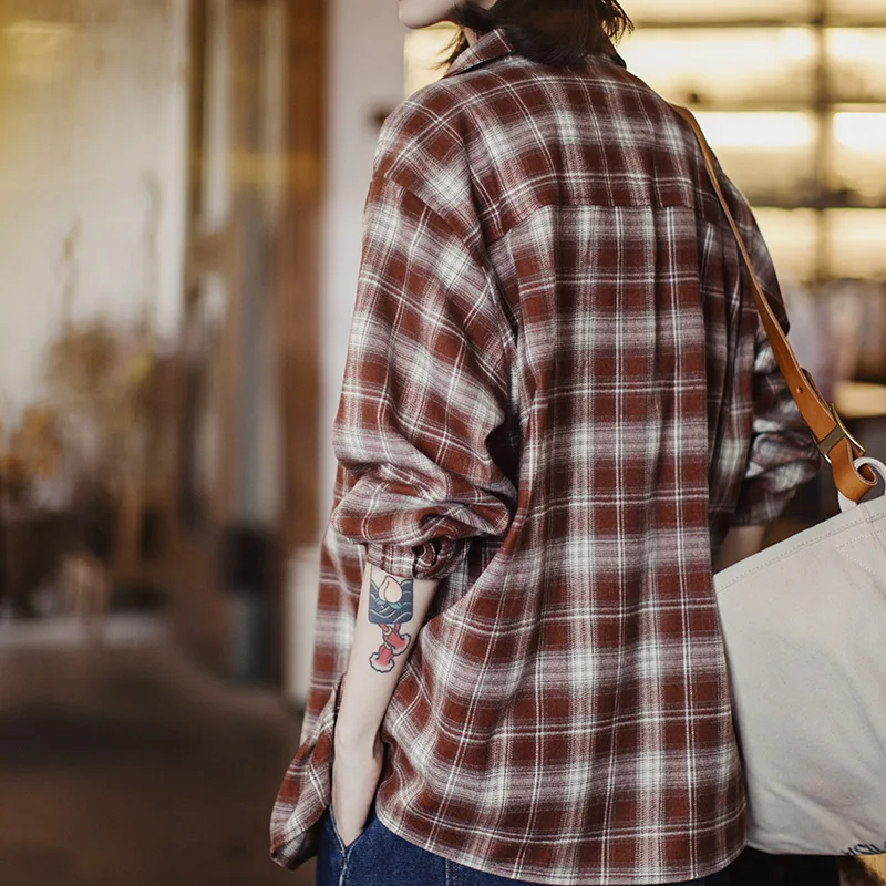 Maden عارضة منقوشة الياقة الرقبة قميص المرأة الخريف المتضخم خمر بلوزة طويلة الأكمام قميص واحد الصدر