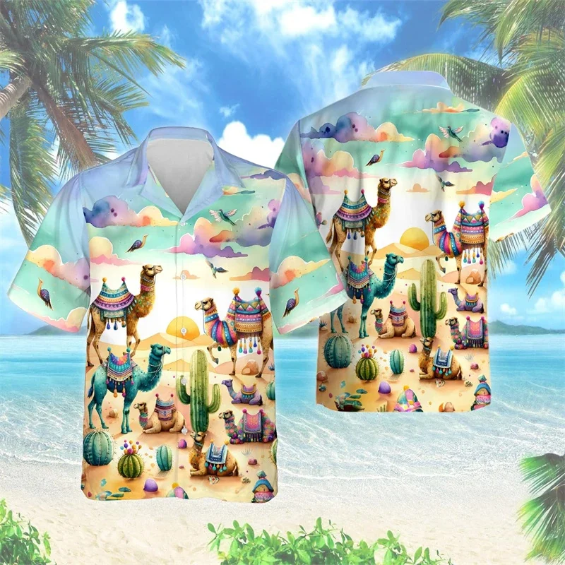 Desert Camels kemeja Hawaii motif hewan 3D, kemeja pantai kasual lengan pendek dengan kerah blus longgar motif hewan untuk pria