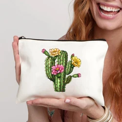 Flower Cactus Print Canvas Cosmetic Bag Organizer Women Travel Sundry Storage Zipper Pouch Stationery Office Supplies Pencil Bag