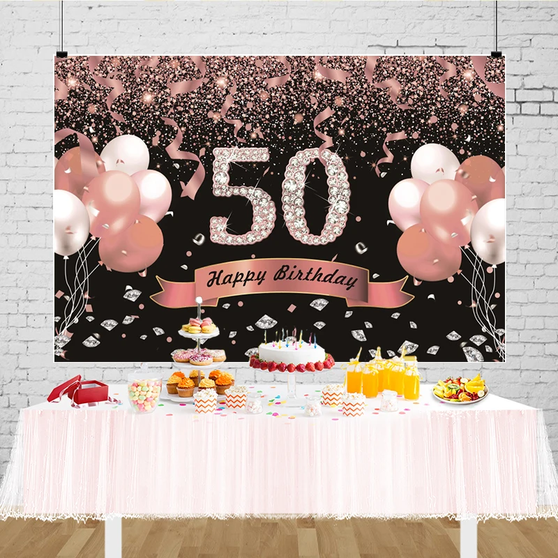 Pink 50th Photo Backdrop Rose Gold Balloon Men Woman 50 Years Old Birthday Party Photography Background Photocall Props Banner