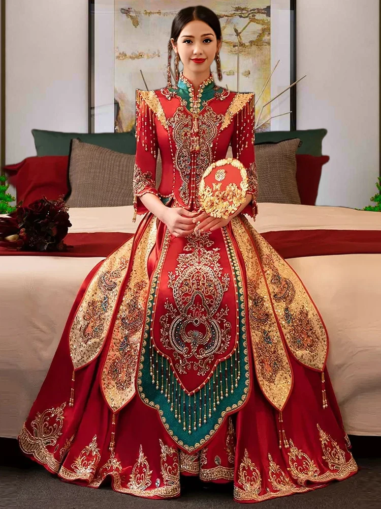 Wedding Dress Red Exquisite Embroidery Tassel High-End Color Matching Bride Xiuhe Clothing Retro Chinese Slim Fit Pearl Costume