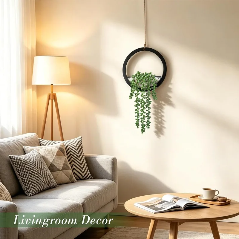 Hängende Künstliche Perlenkette Wanddekoration Wandkunst in Schwarzem Ring-Pflanzgefäß mit Seil Boho-Grün für Schlafzimmer & Wohnzimmer