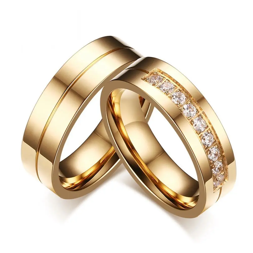 Fashion Golden Silver Cubic Zirconia Love 18K Gold Plated Couples Ring Wedding Band Ring Stainless Steel