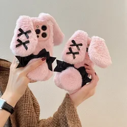 For IPhone 16 Pro Max 15 14 13 12 11 Bow Tie Maid Bunny Plush Phone Case Fall Winter Cute Phone Protective Jacket