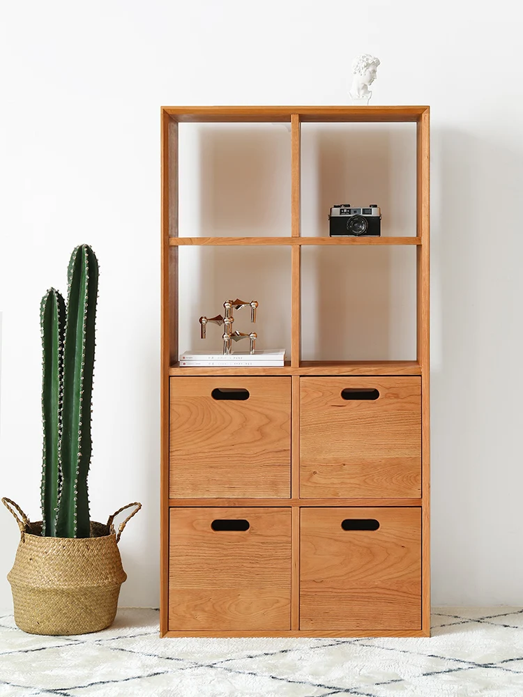 Cherry wood all solid wood bookshelf, Japanese simple lattice shelf, small household, Nordic bookcase, living room shelf