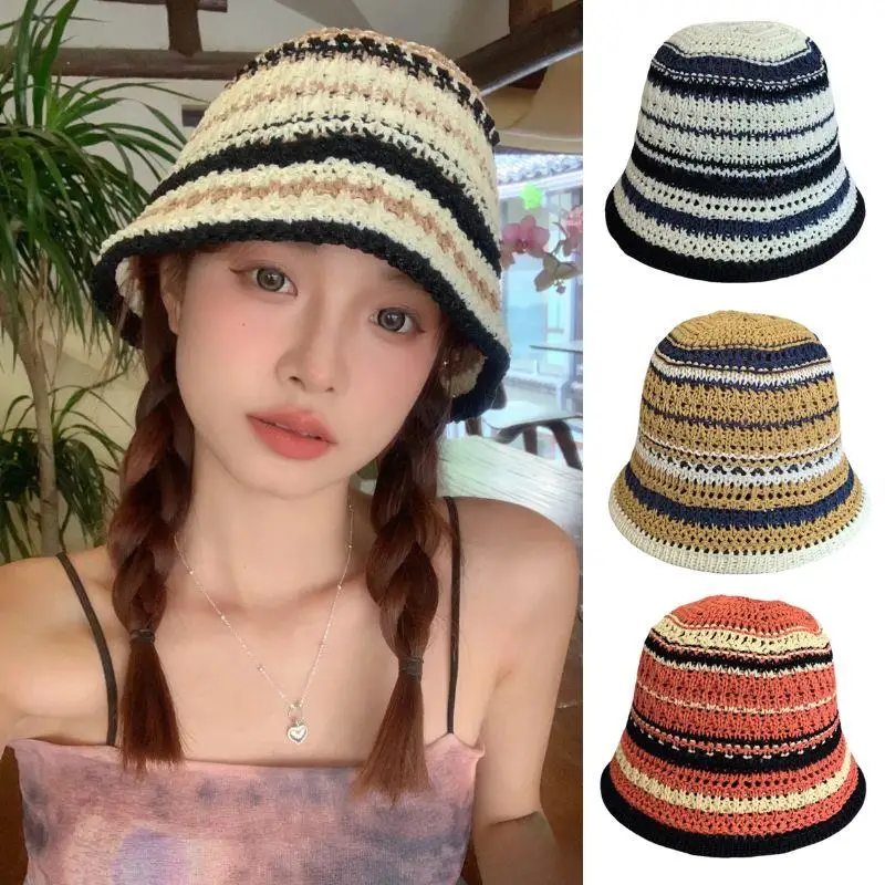 

Summer Hollow Knitted Fisherman Caps Sun Protection Straw Bucket Hat Breathable Beach Cap Panama Cap Outdoor Wide Brim Hats