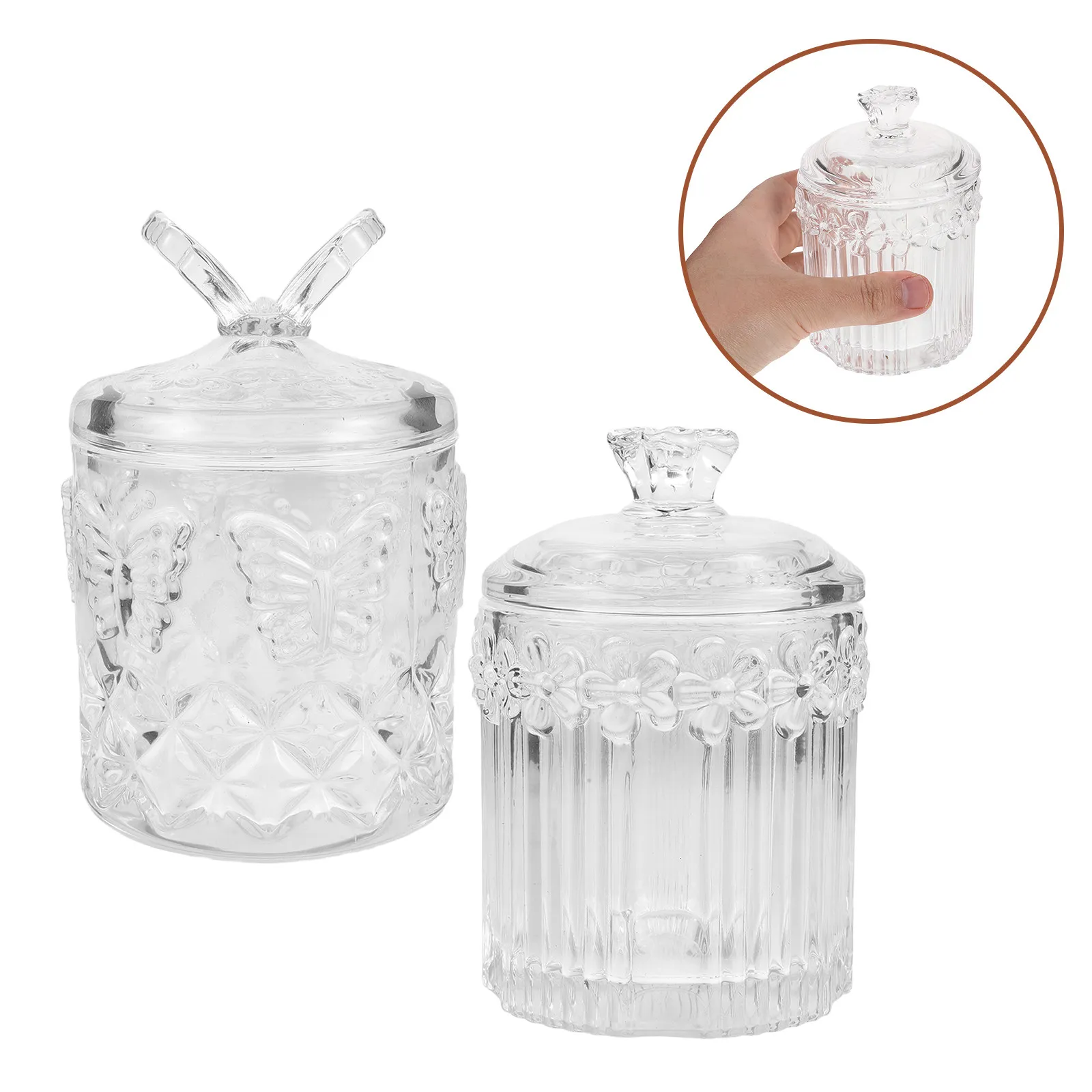 2Pcs Embossed Glass Storage Jar Airtight Lid Decorative Clear Container Kitchen Countertop Matchstick Holder Vintage Pattern