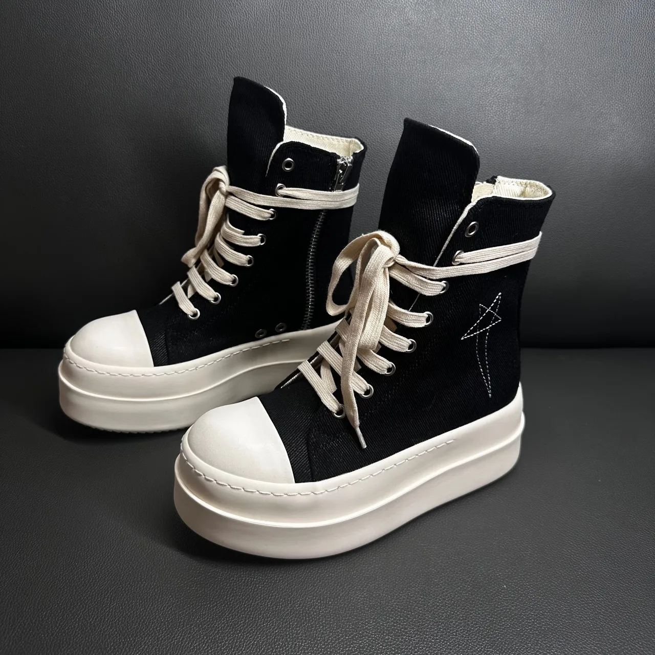 

Ro Luxury Pentagram Men Sneaker Black Canvas Shoes Ankle Boot Lace Up Zipper 7cm Thick Sole Women High Top Shoe Casual Sneakers
