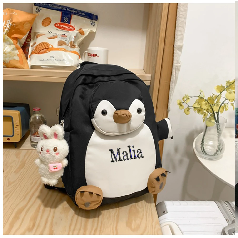Customized Korean version large capacity simple backpack Personalized embroidery cute penguin college student backpack