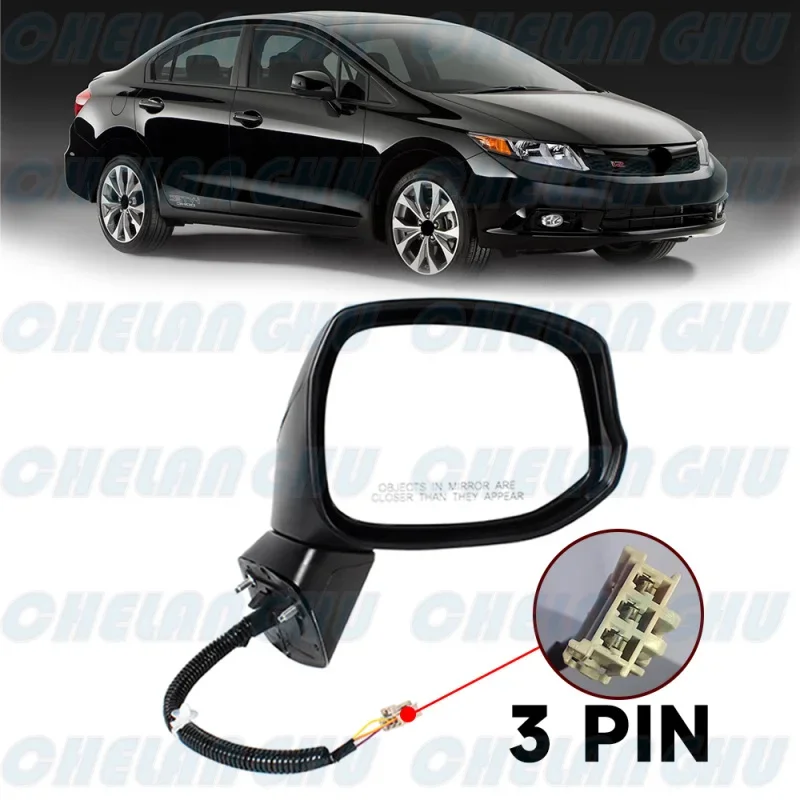 Mirror Assembly For Honda 9th Civic FB2 FB3 FB6 2012 2013 2014 2015 US Version Right Side 3 Pins Satin Black With Power Adjust