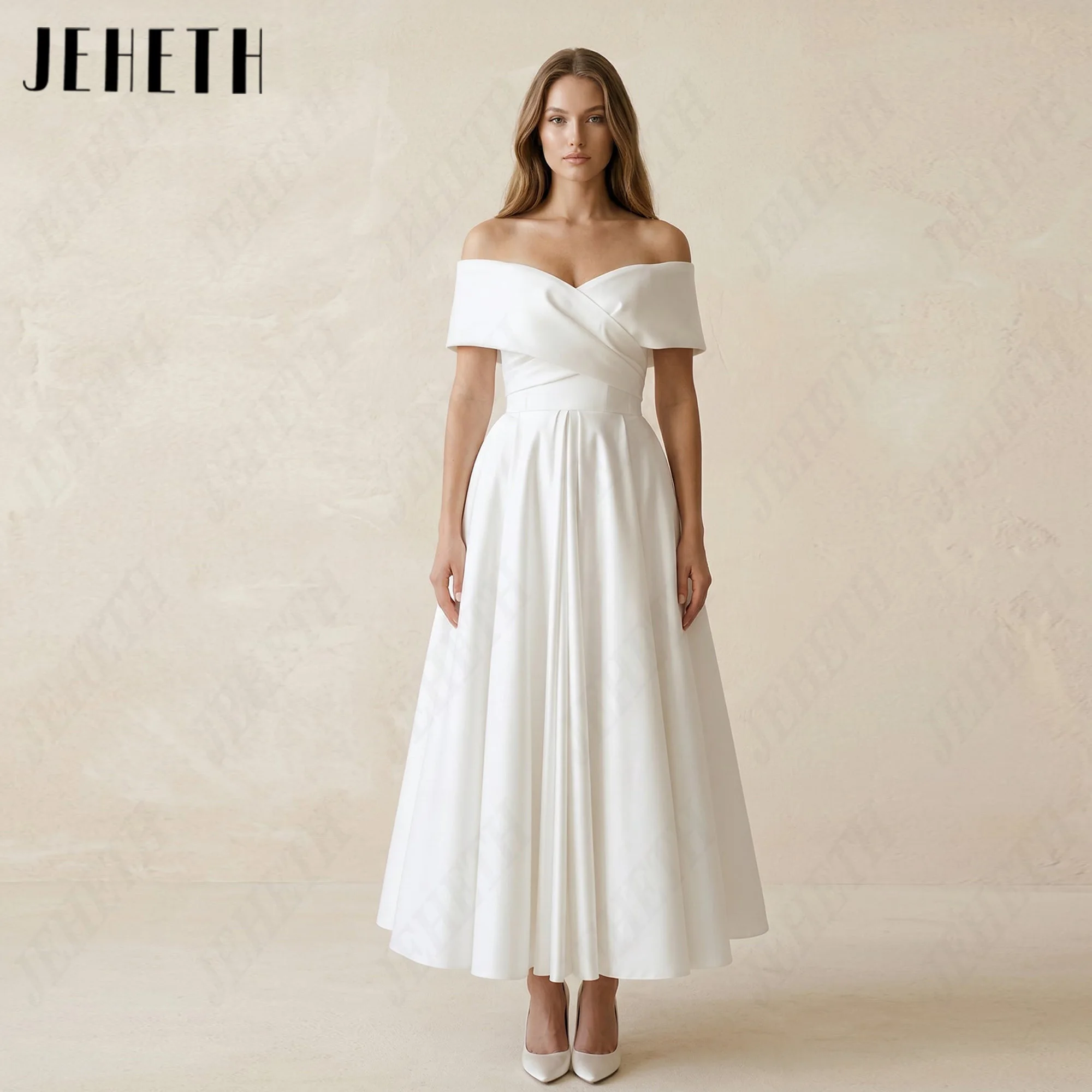 JEHETH Simple Off Shoulder V Neck Wedding Dresses Customized A Line Satin Bridal Gowns Midi Tea-Length Backless Brides Dress