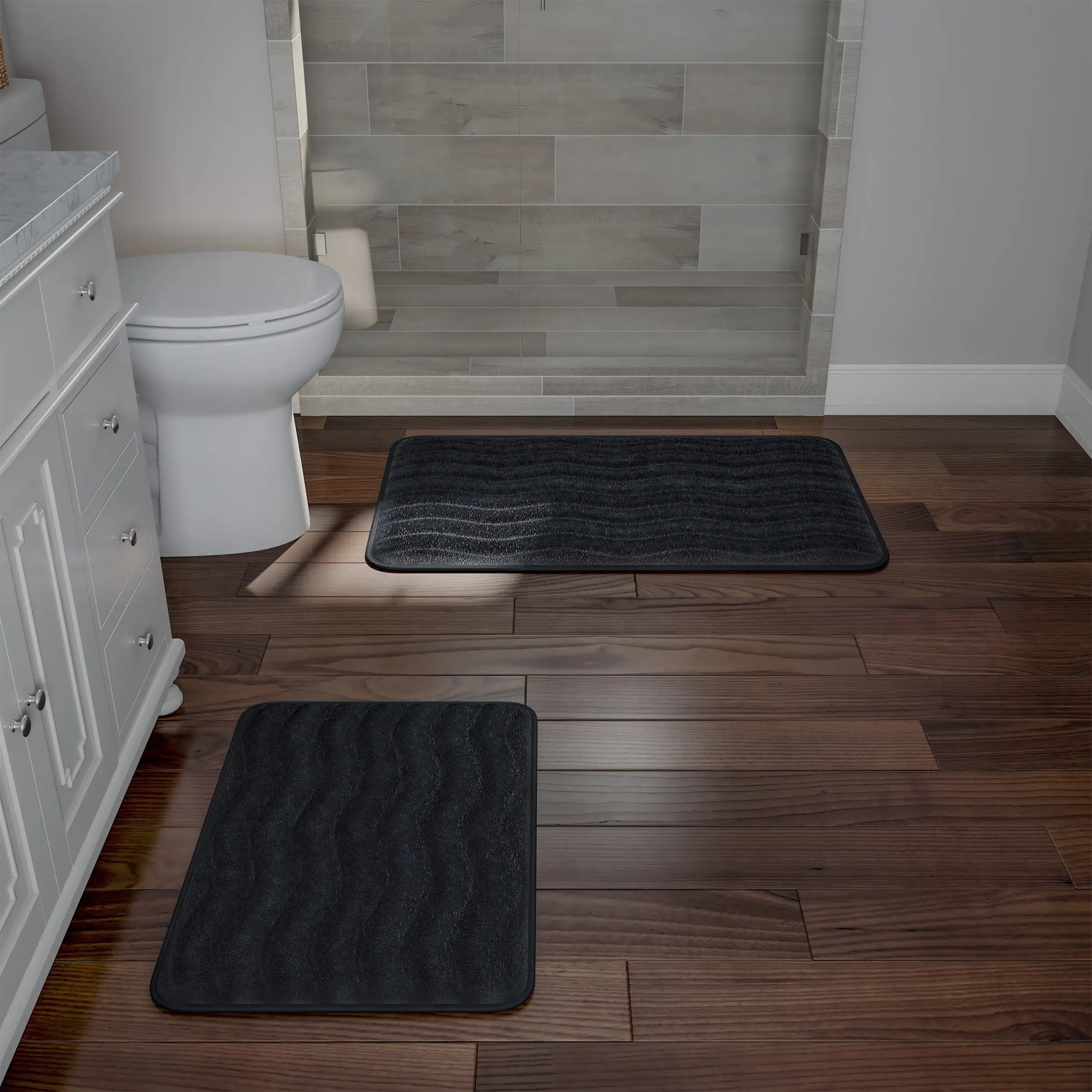 

Set of 2 Bathroom Rugs – Non-Slip Memory Foam Bath Mats, Black