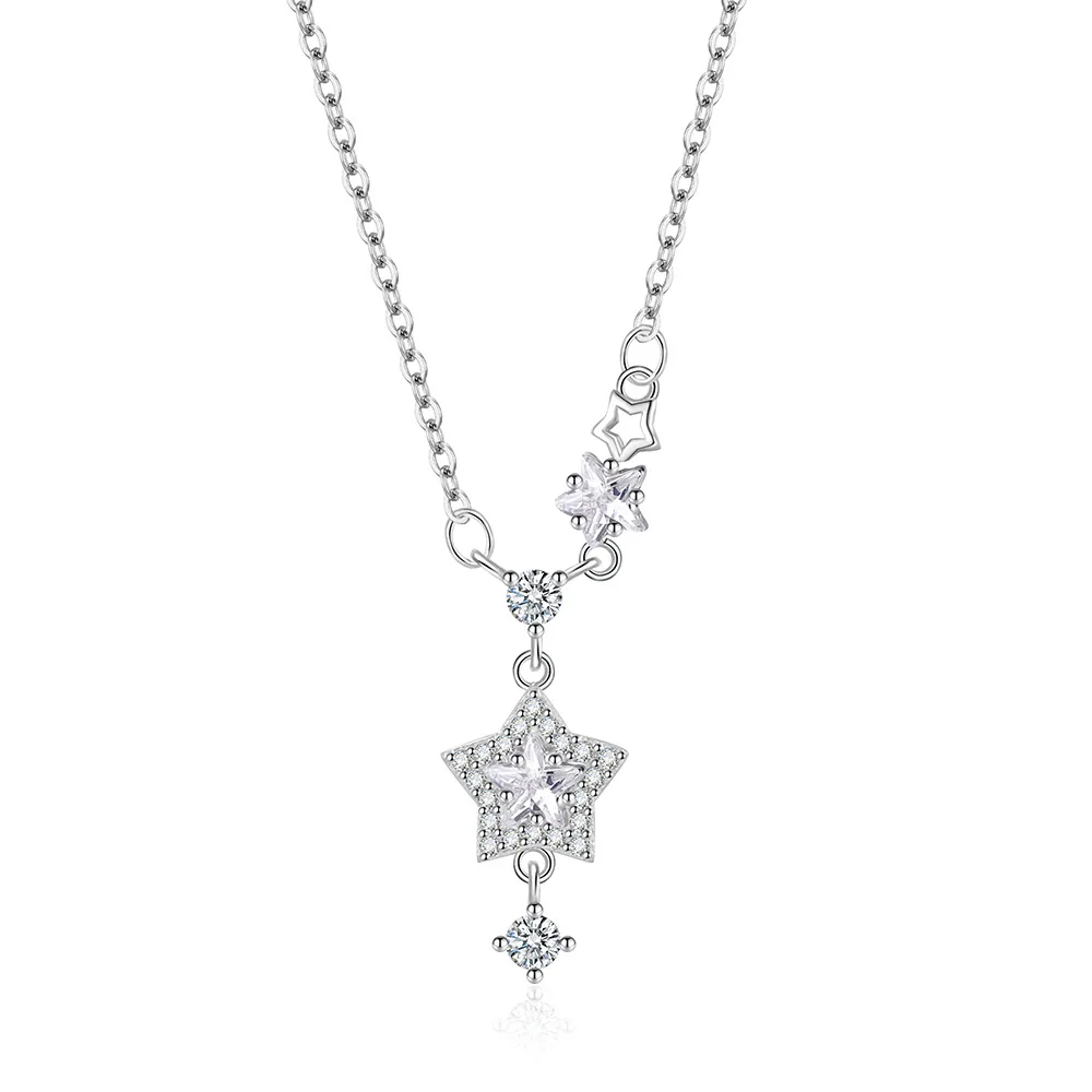 

925 Sterling Silver Sweet Luxury Sparkling Diamond Zircon Star Tassel Necklace Birthday Anniversary Date Party Gift
