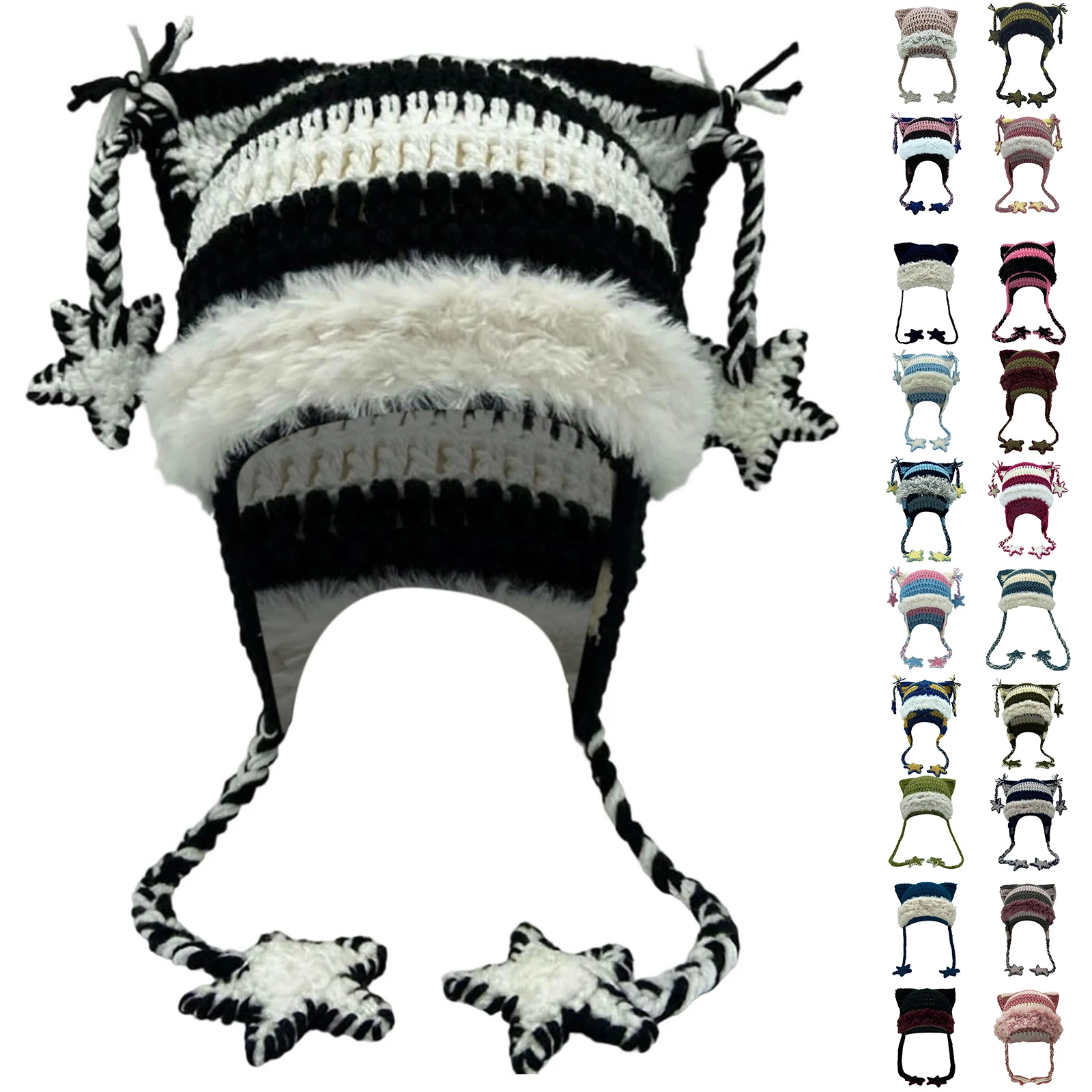 한국 스타일 하라주쿠 핸드 니트 별무늬 귀 끈 모자 패션 데일리 스트리트웨어 다용도 패셔너블 Y2K 액세서리