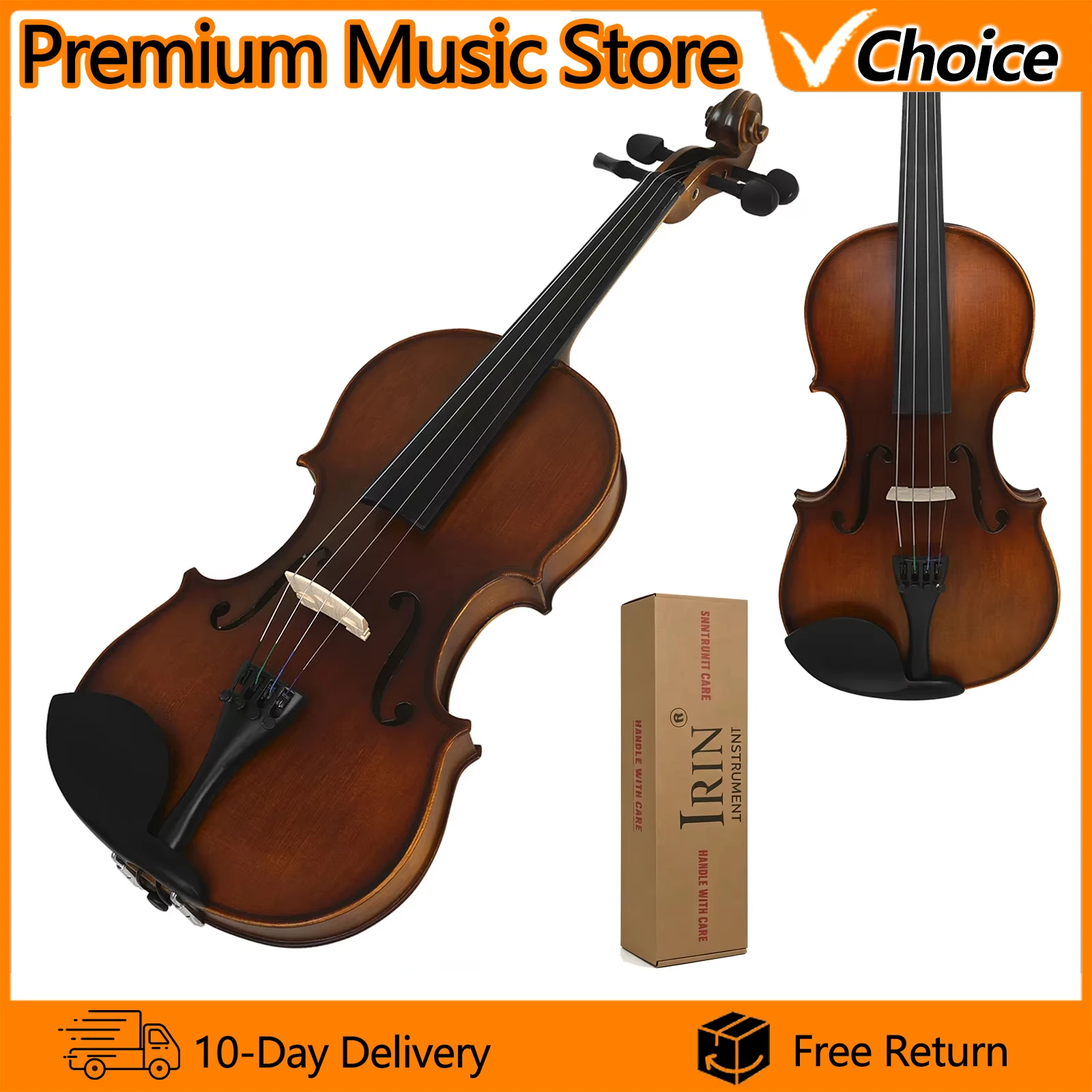 IRIN AV-526 Violin Set Solid Spruce Top Beginner Student 4/4 Fiddle Outfit with Maple Back Bow Case & Accessories for All Ages