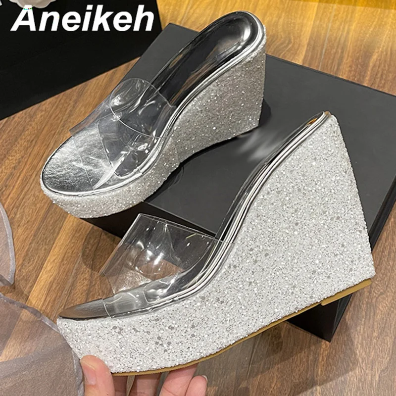 Aneikeh Summer 2024 New Fashion Sequins Transparent Rubber Wedge Heel Thick Sole Sandals for Women 10CM Open Toe Ladies Shoes