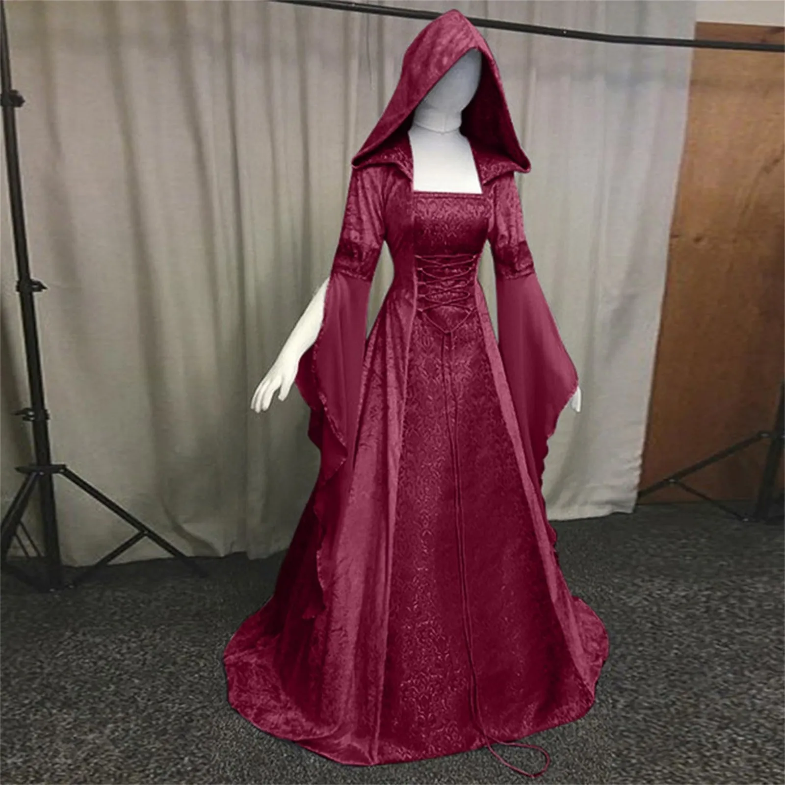 Vestido de bruja para mujer, vestido de cola Maxi Medieval renacentista, disfraz de boda de bruja pagana del diablo de Halloween, vestido con capucha