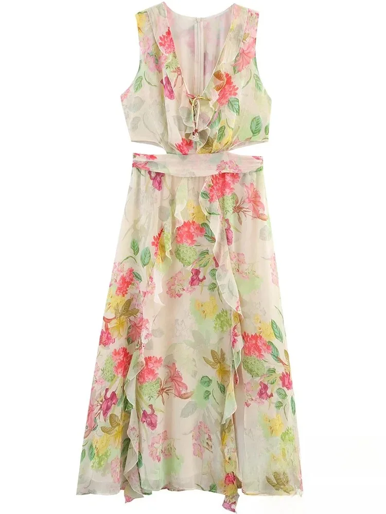 KONDALA セクシービーチシック レディースワンピース プリント Vネック ノースリーブ ジッパー ホローアウトワンピース 最新ファッション 2025 春夏 パーティードレス