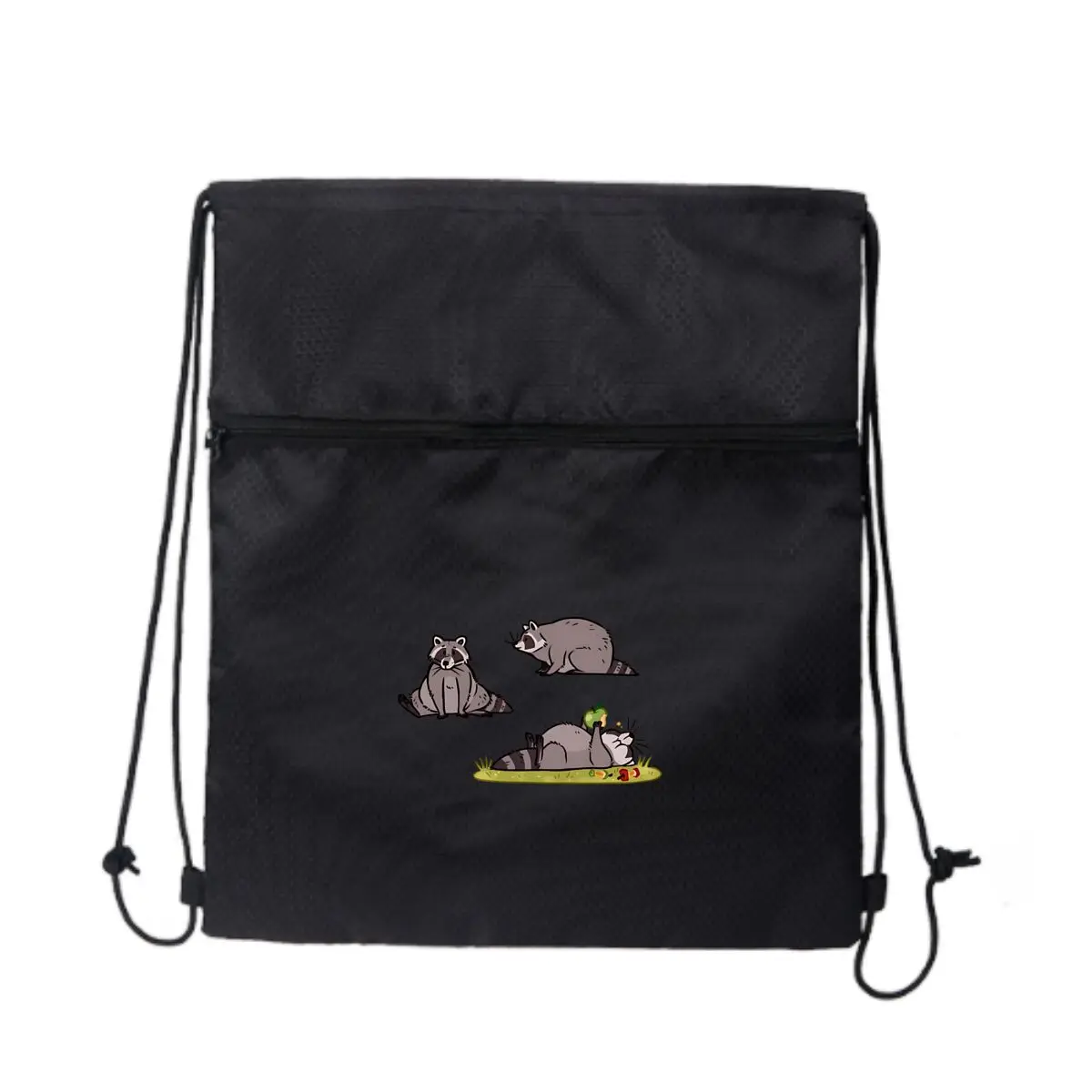 

Мультяшные еноты в разных поках, черные сумки на шнурке, рюкзак на шнурке для занятий спортом, путешествий в тренажерном зале