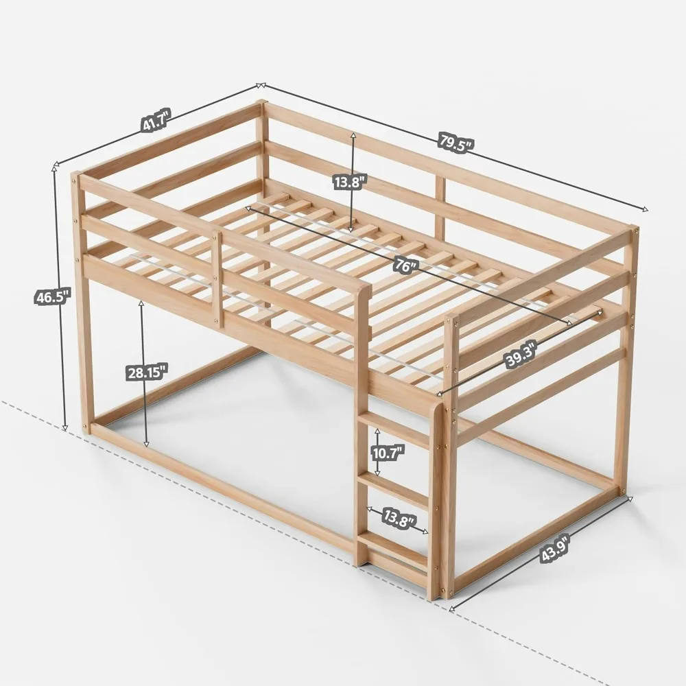 Low Bunk Bed Twin Over Twin, Floor Bunk Bed with Ladder, Twin Bunk Bed with Full Guardrails, Woodenfor Juniors,Boys