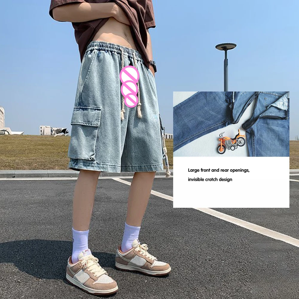 Invisible Open Crotch Outdoor Sex Casual Five-point Pants Men Denim Shorts Trend Versatile Retro Summer Drawstring Slacks Loose